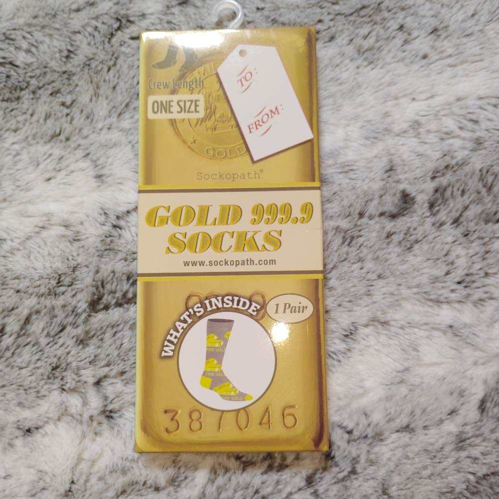 3/$25 Novelty Gold 999.9 Socks,  Men's Crew Length
